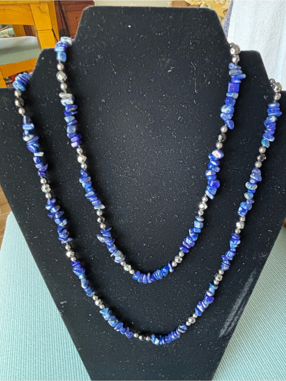 Lapis Blue Chip & Hematite Bead Necklace - Single Strand, shown doubled